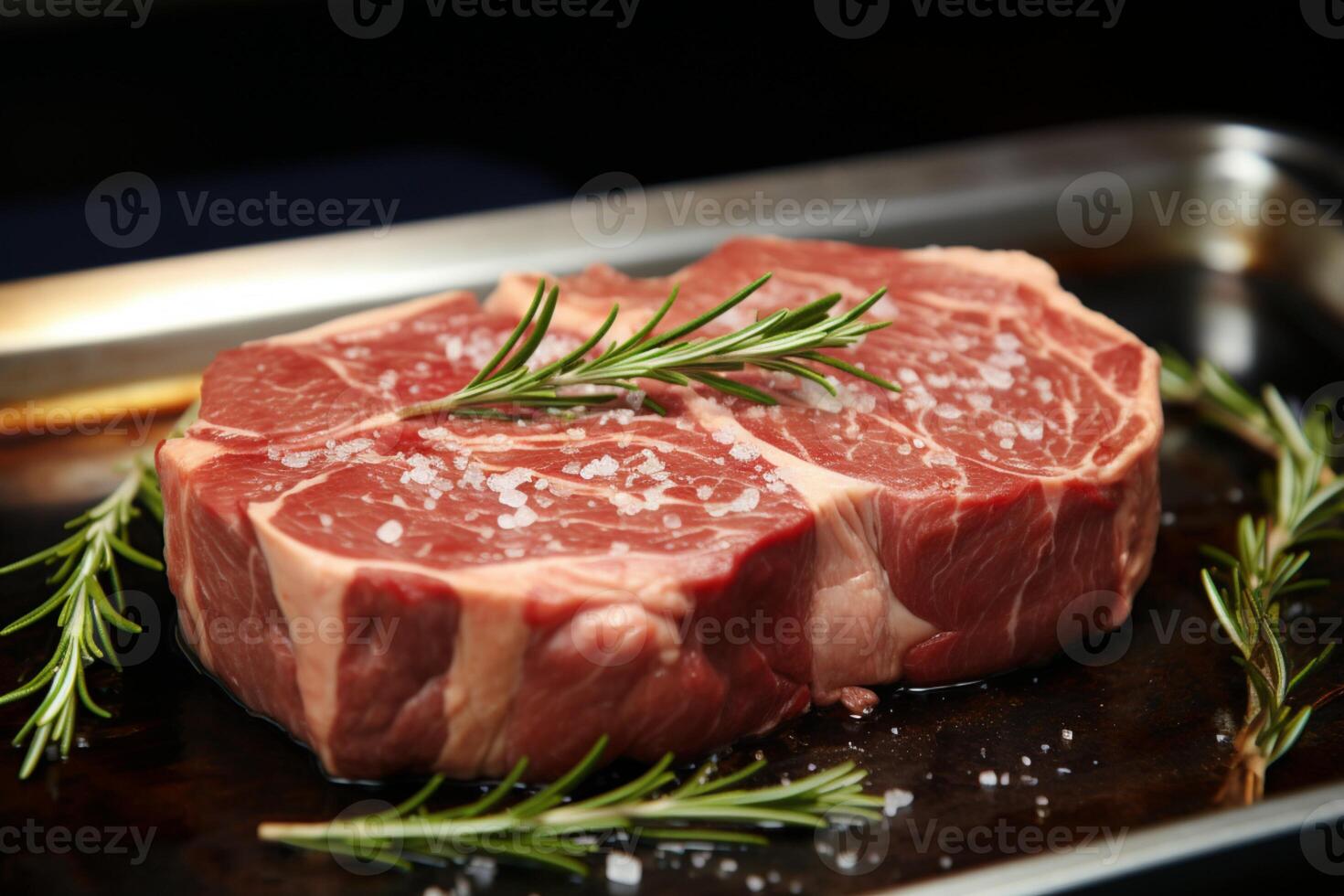 Prepared Angus leg steak with rosemary on steel pan, closeup for(02)