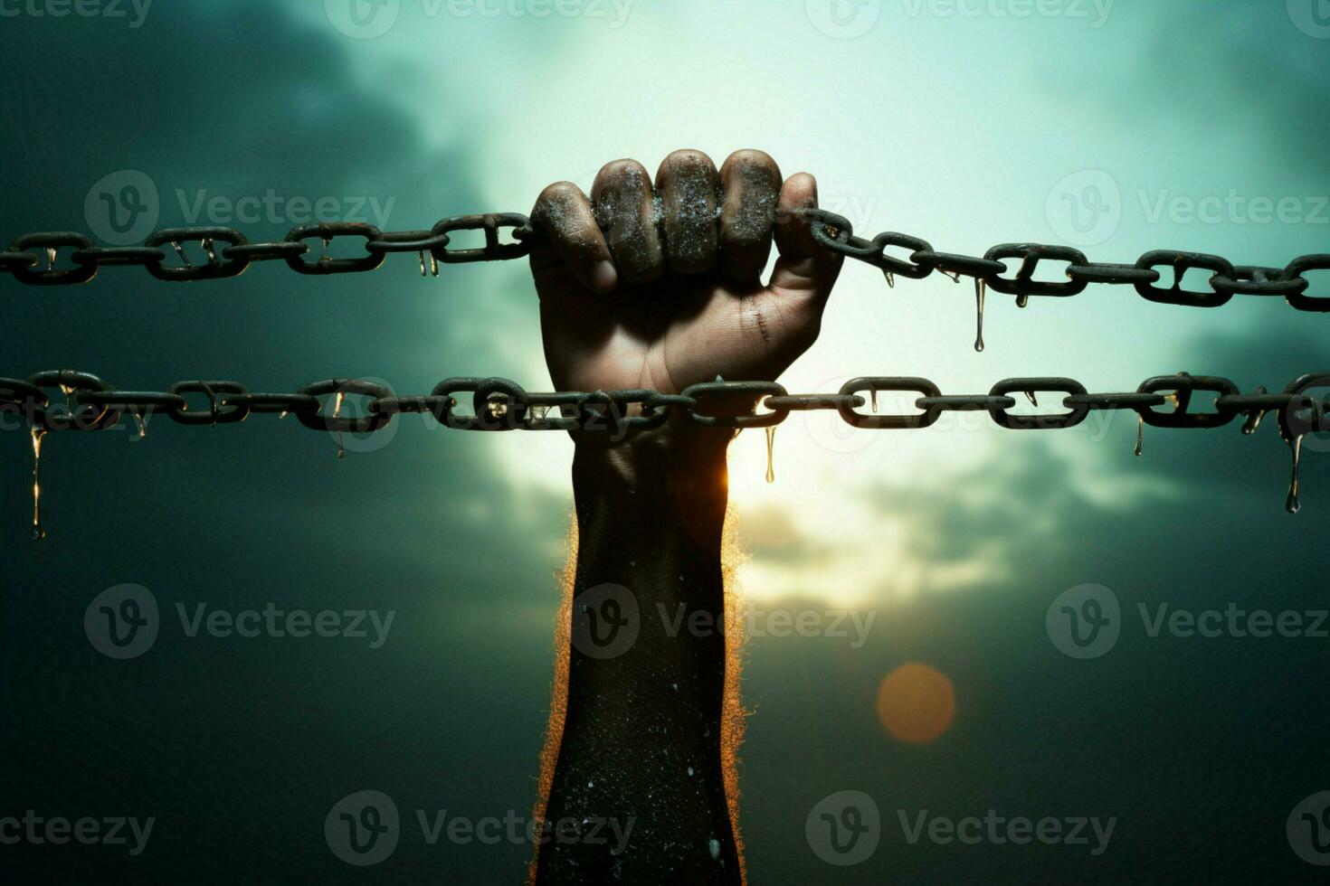 Absence of chains in hand signifies liberation, humans escape into newfound freedom AI Generated photo