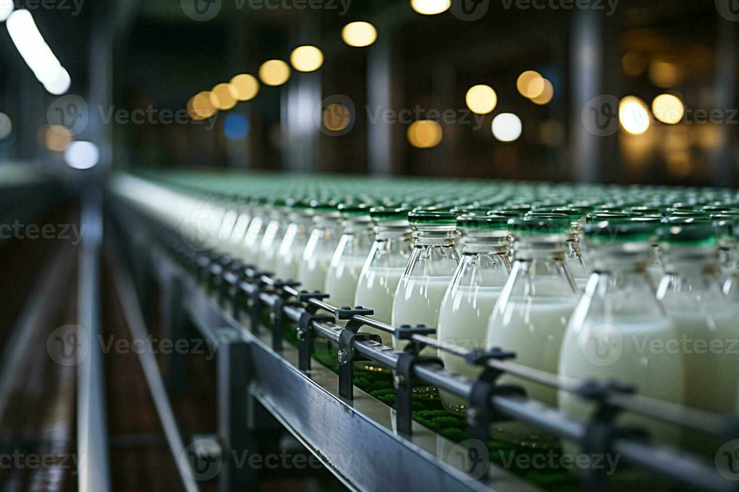 Conveyor system transports milk bottles in the dairy processing plant  AI Generated photo