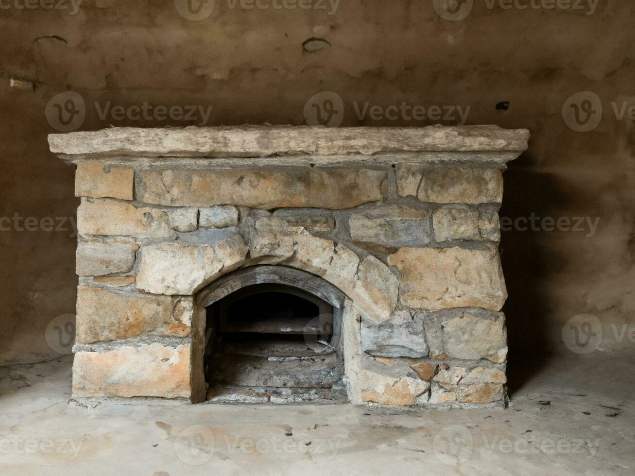 a vertical shot of a wooden fireplace with a white stone wall in the middle of a house photo