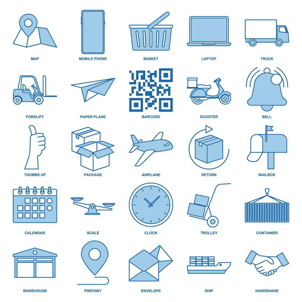 Delivery icon set, Included icons as Truck, Scooter, Warehouse, Envelope and more symbols collection, logo isolated vector illustration