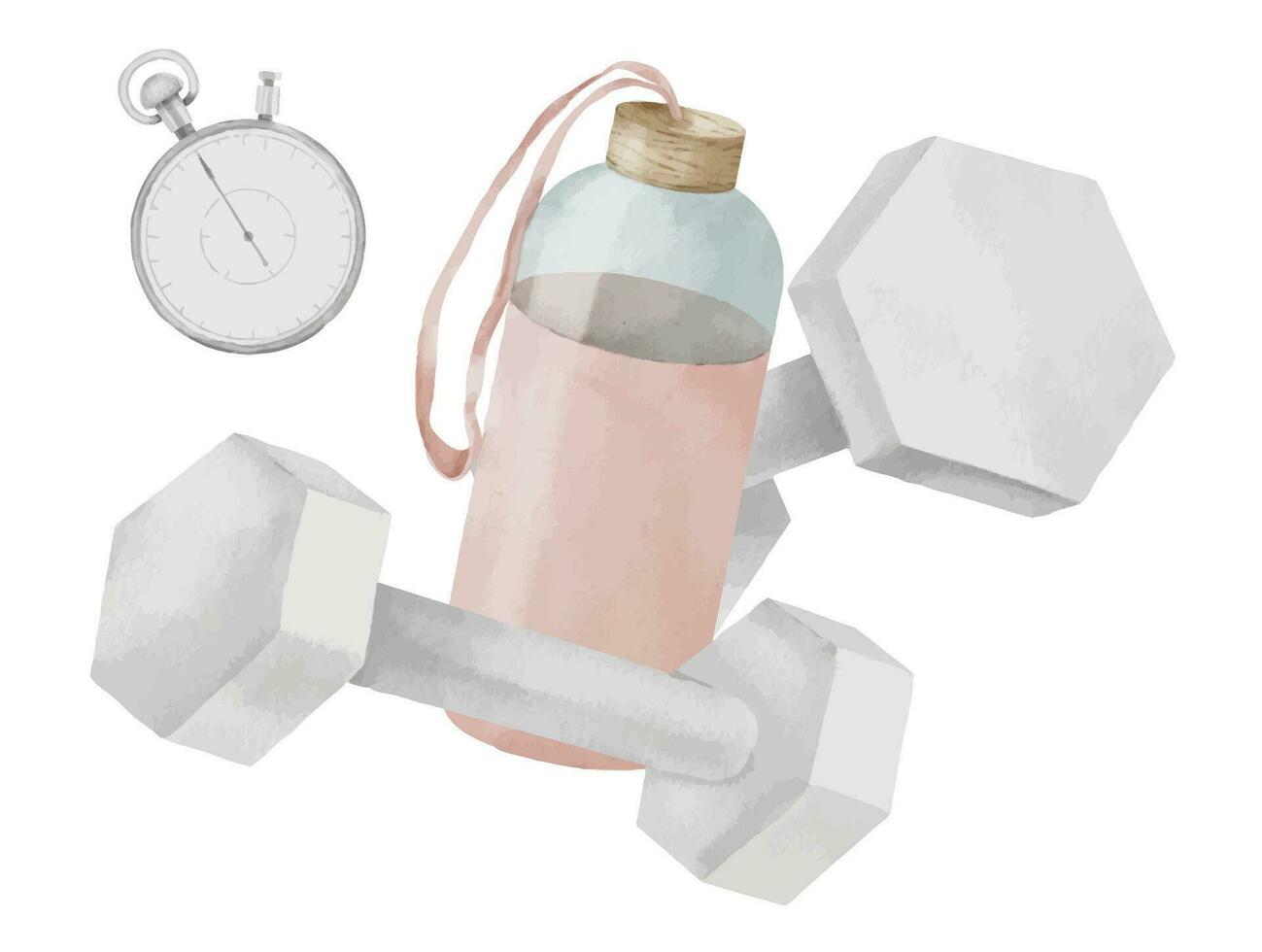 composición de pesas con cronógrafo y agua botella. De las mujeres aptitud ejercicio equipo en blanco aislado antecedentes. mano dibujado acuarela rosado Deportes formación accesorios para icono o logo vector