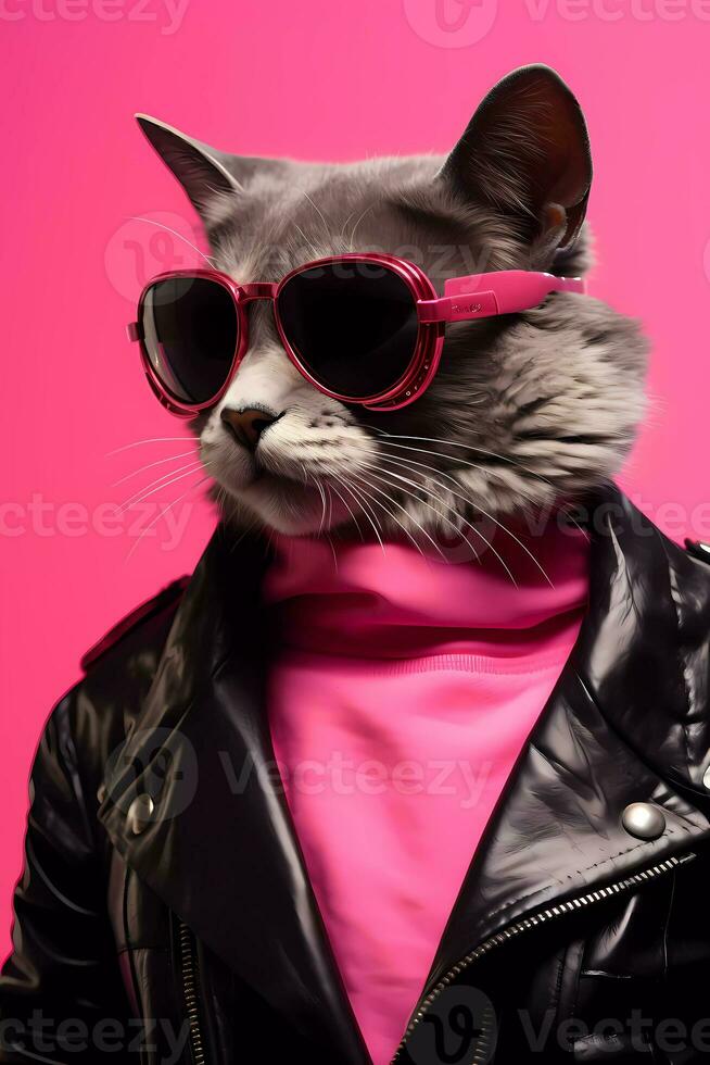 cool cat with fashionable clothes and wearing sunglasses. Simple animal creative concept isolated on colorful background. photo