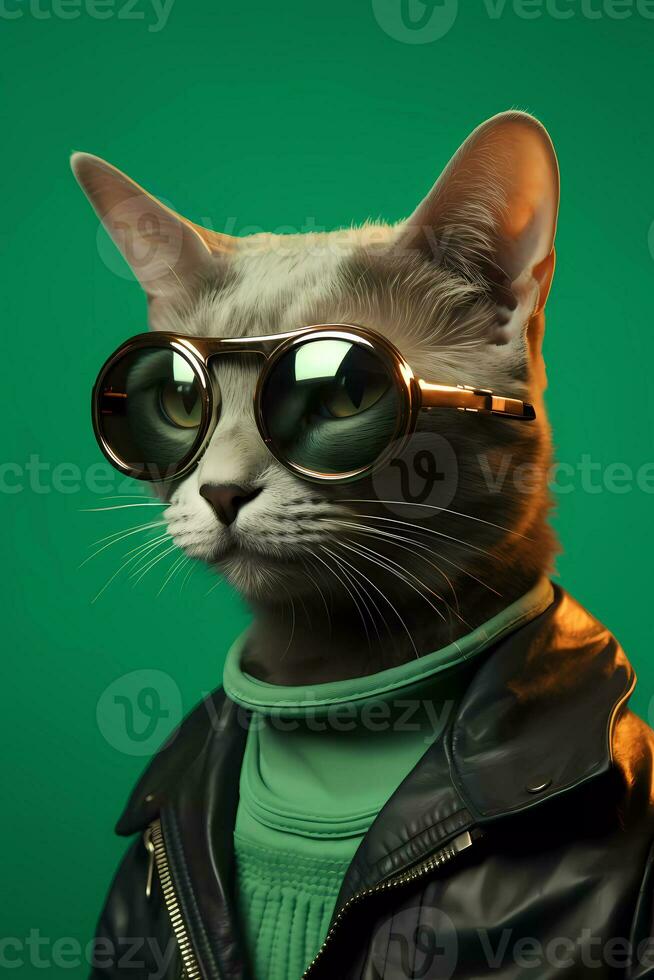 cool cat with fashionable clothes and wearing sunglasses. Simple animal creative concept isolated on colorful background. photo