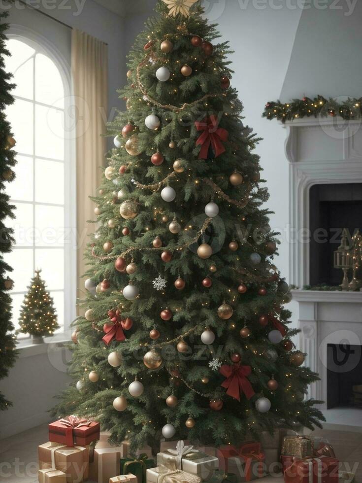 View of beautifully decorated christmas tree outdoors, Christmas realistic background, Generative AI. free Stock Photo