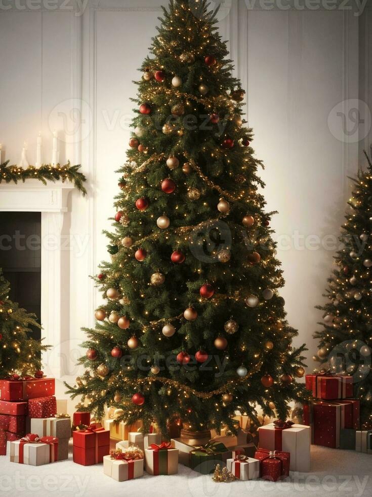 View of beautifully decorated christmas tree outdoors, Christmas realistic background, Generative AI. free Stock Photo