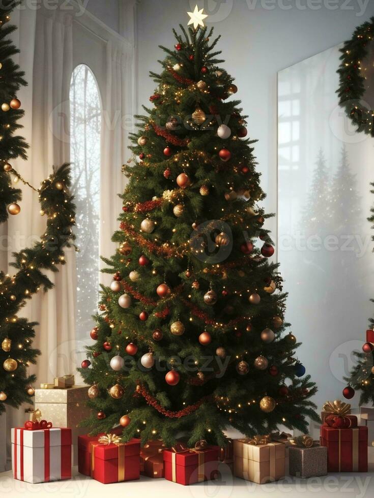 View of beautifully decorated christmas tree outdoors, Christmas realistic background, Generative AI. free Stock Photo