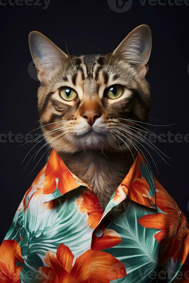 cool cat with fashionable clothes. Simple animal creative concept isolated on colorful background. photo