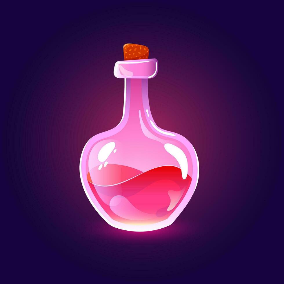 Cartoon love potion bottle with magic elixir, glass flask or jar with colorful glowing pink liquid substance. Witch poison. Fantasy and fairy tales object. Vector illustration on dark blue background