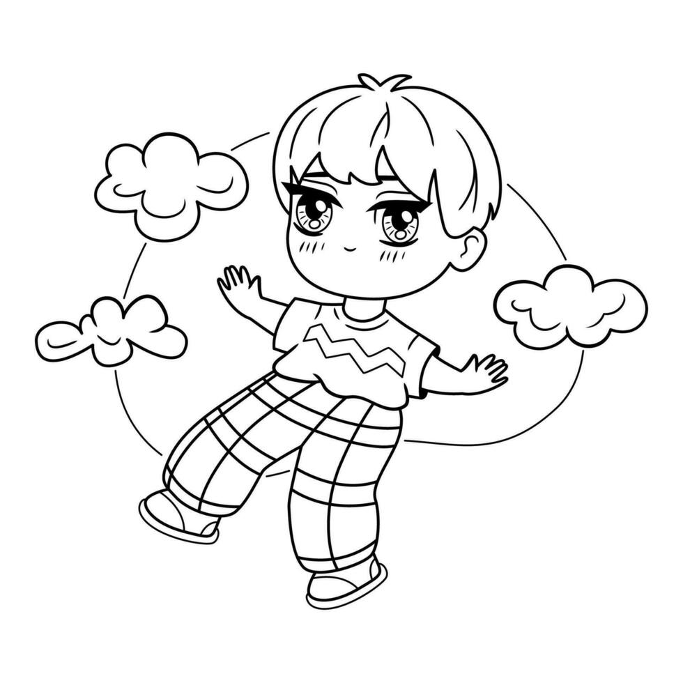 Manga chibi cute boy soaring against the background of clouds. vector