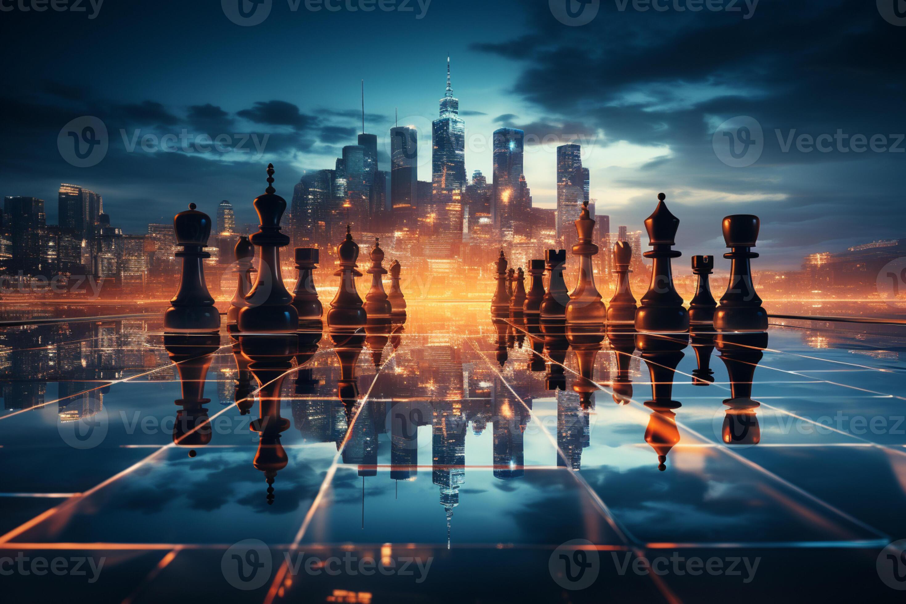 Skyscrapers surround chess pieces, born from Generative AIs