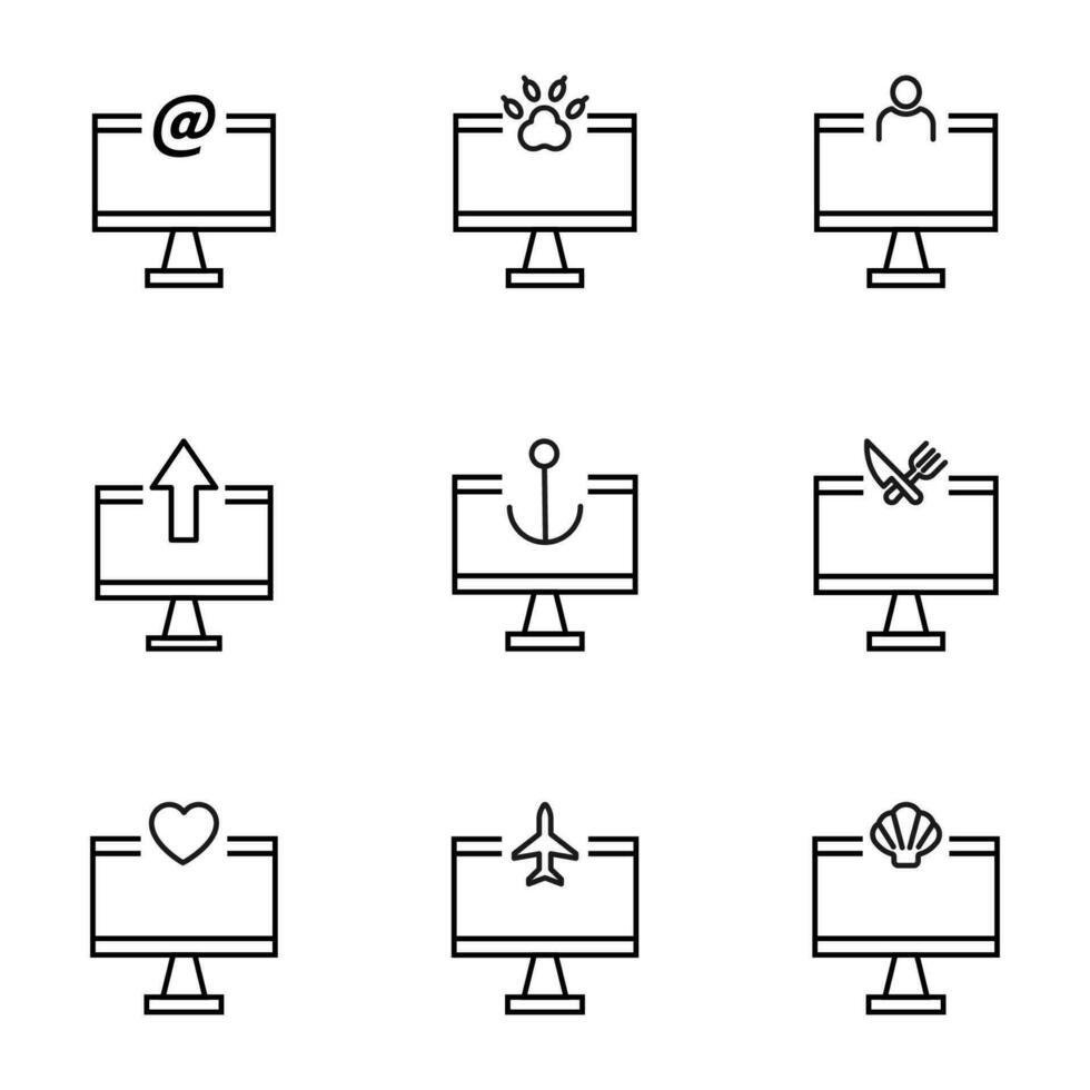 Set of signs for UI, adverts, books drawn in line style. Editable stroke. Icons of paw, at sign, user, arrow, anchor, heart, plane on computer vector