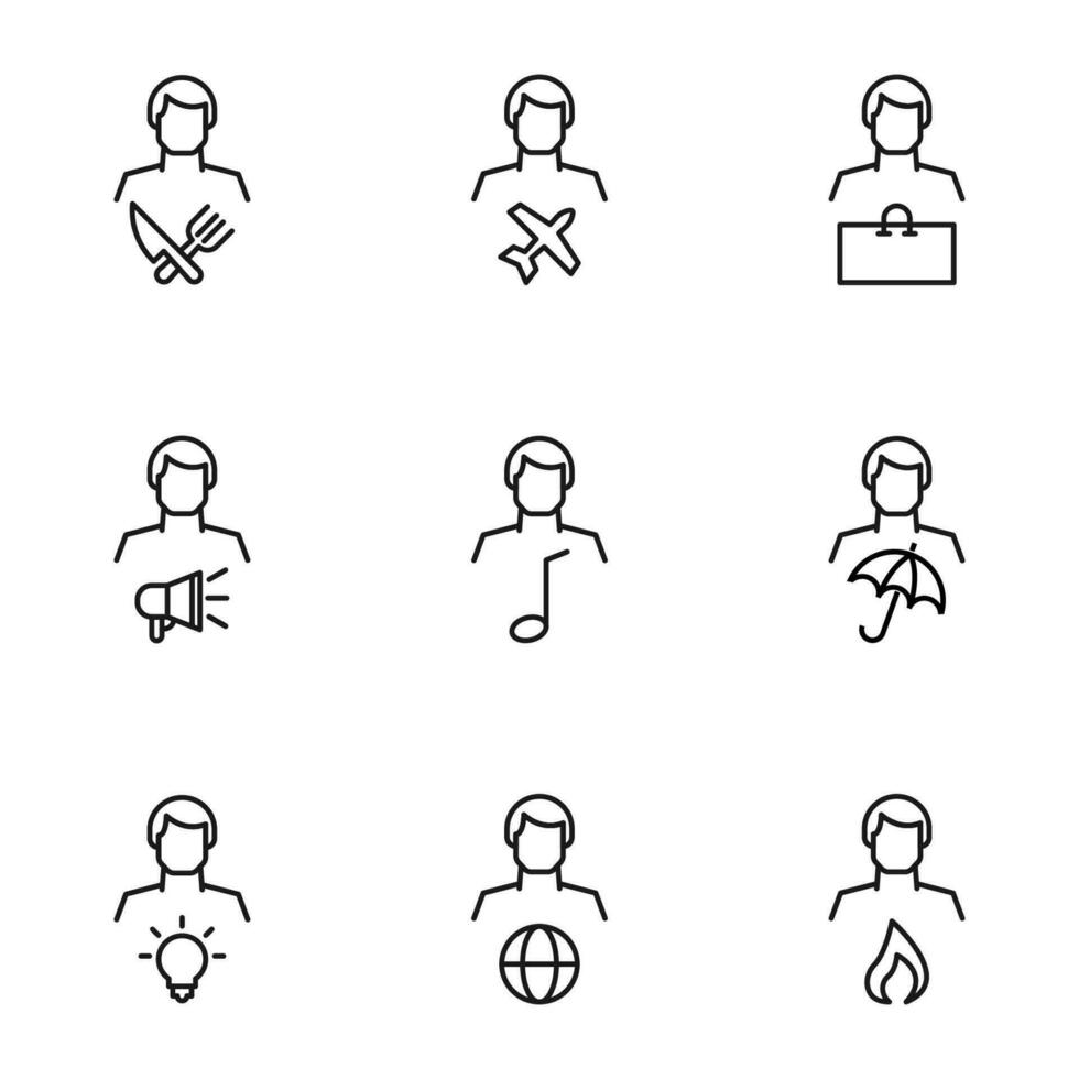 Vector line icon set for web sites, stores, banners, infographic. Signs of restaurant, plane, shopping bag, megaphone, music next to faceless male user