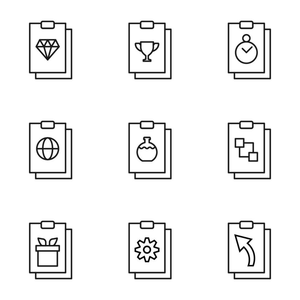 Set of signs for UI, adverts, books drawn in line style. Editable stroke. Icons of diamond, award, timer, globe, lab bulb, cubes, gear, arrow, giftbox on clipboard vector