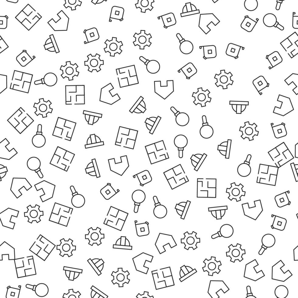Magnifying Glass, Measure tape, Cogwheel, House, Floor plan Seamless vector pattern made of line icons. Suitable for web wrapping, printing, web sites, apps