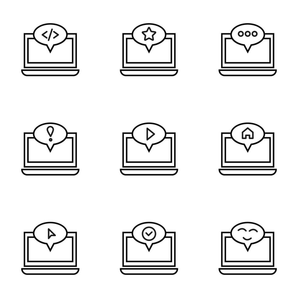 Set of signs for UI, adverts, books drawn in line style. Editable stroke. Icons of programming, star, dots, attention, play, house, checkmark on laptop vector