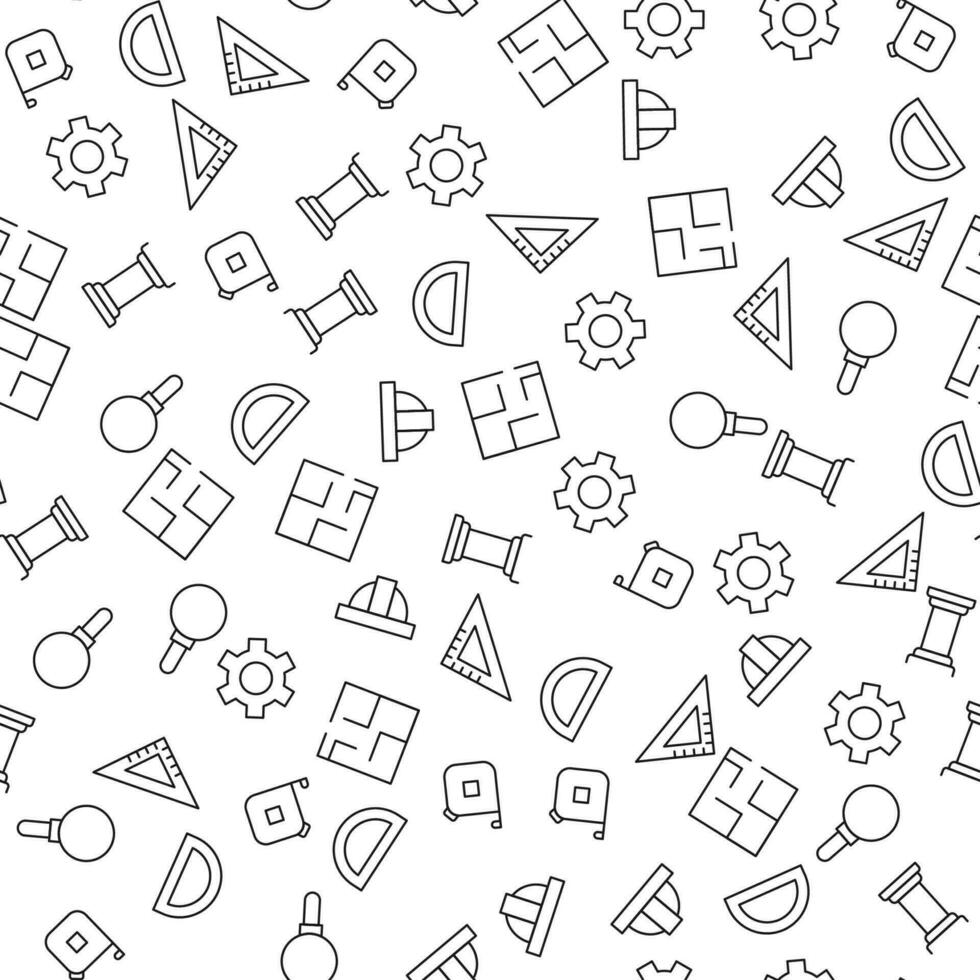 Liner, Measure Tape, Column, Floor Plan, Gear, Builders Helmet Seamless vector pattern made of line icons. Suitable for web wrapping, printing, web sites, apps