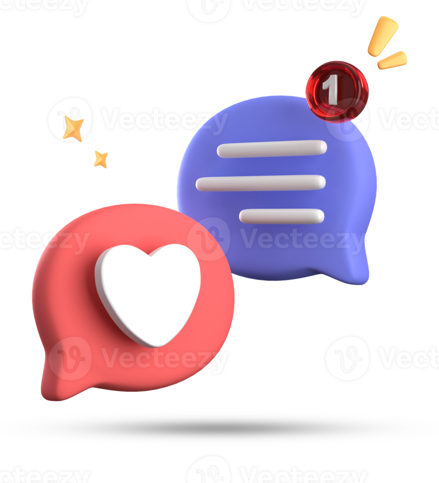 3d renderen van toespraak liefde bubbel met kennisgeving pictogrammen, 3d pastel babbelen liefde icoon set. png