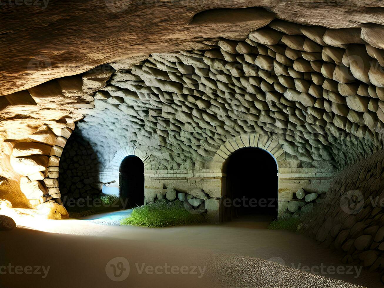 underground tunnel with stones and plants photo