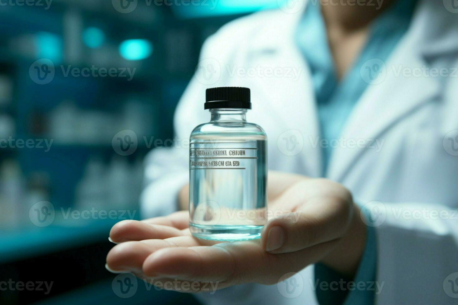 Medical expertise on display Female doctor exhibits medicine bottle with proficiency AI Generated photo
