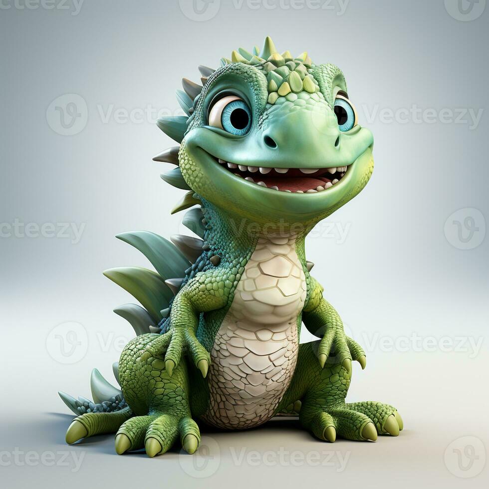 3d cartoon cute green iguana ai photo