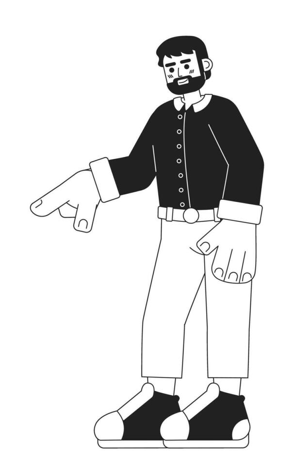Bearded caucasian man pointing finger black and white 2D cartoon character. European adult male showing hand isolated vector outline person. Beard guy gesturing monochromatic flat spot illustration