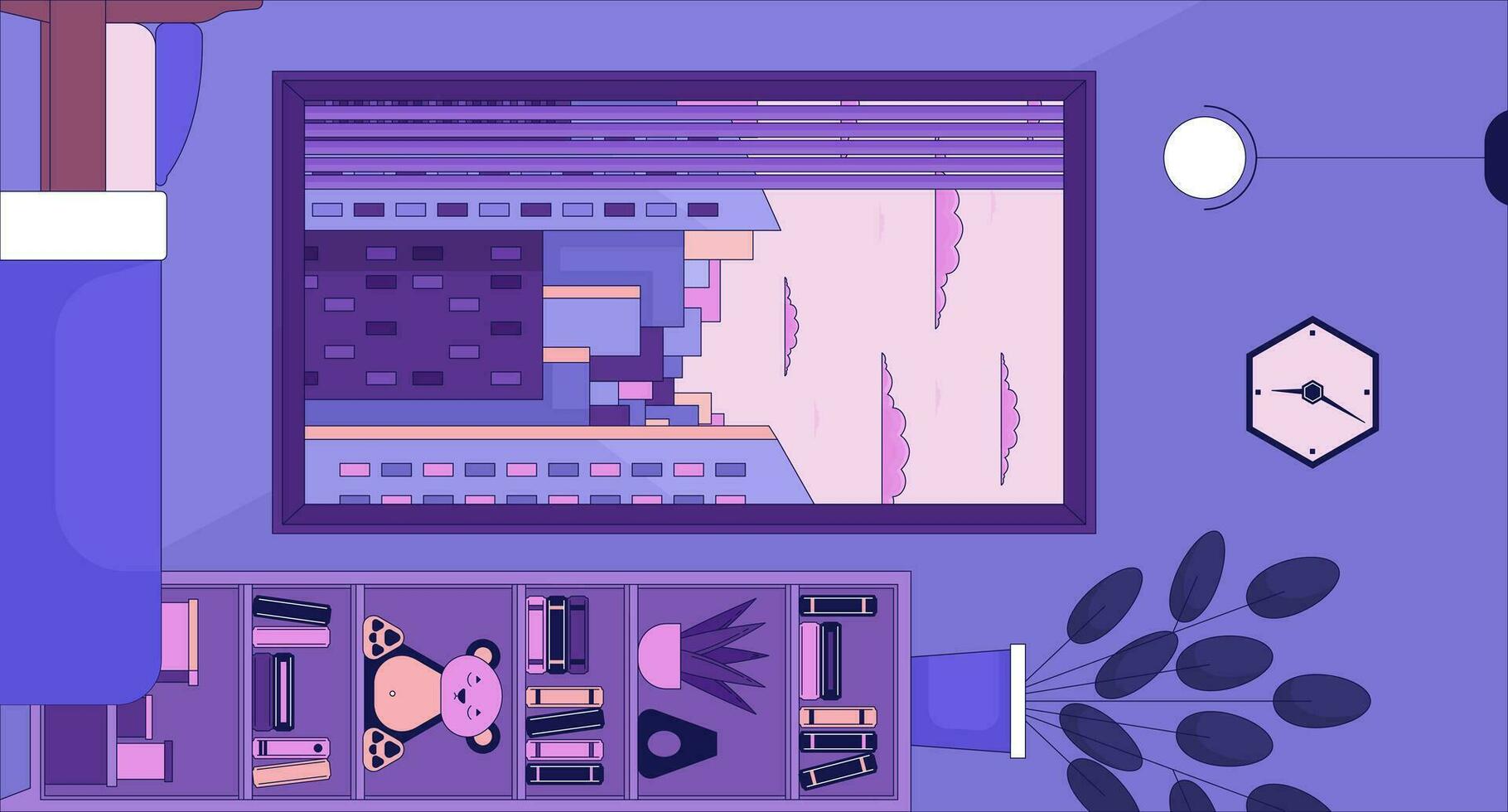 Inverted room cozy interior 2D cartoon background. Late afternoon bedroom turned 90 degrees colorful aesthetic vector illustration, nobody. Upside down house flat line wallpaper art, lofi image