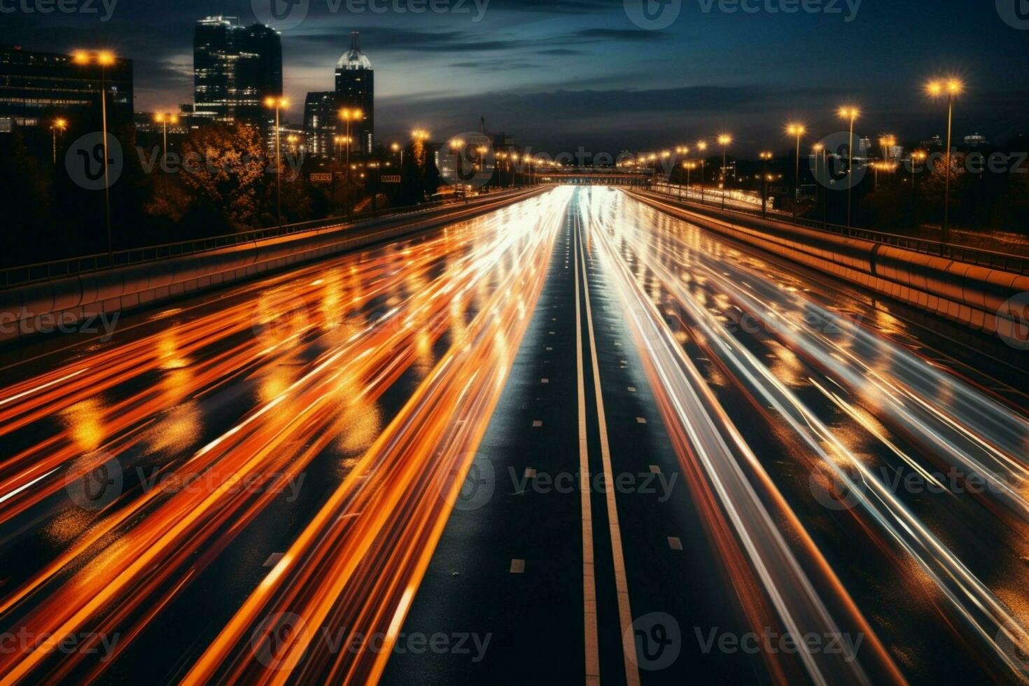 High speed morning traffic creates a mesmerizing motion blur on a generic highway AI Generated photo