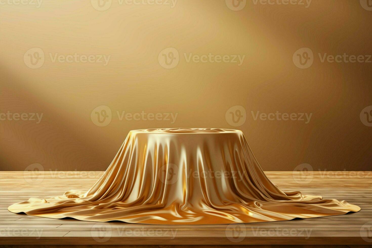 3D scene Empty podium with luxurious golden fabric atop, exuding elegance and opulence. AI Generated photo