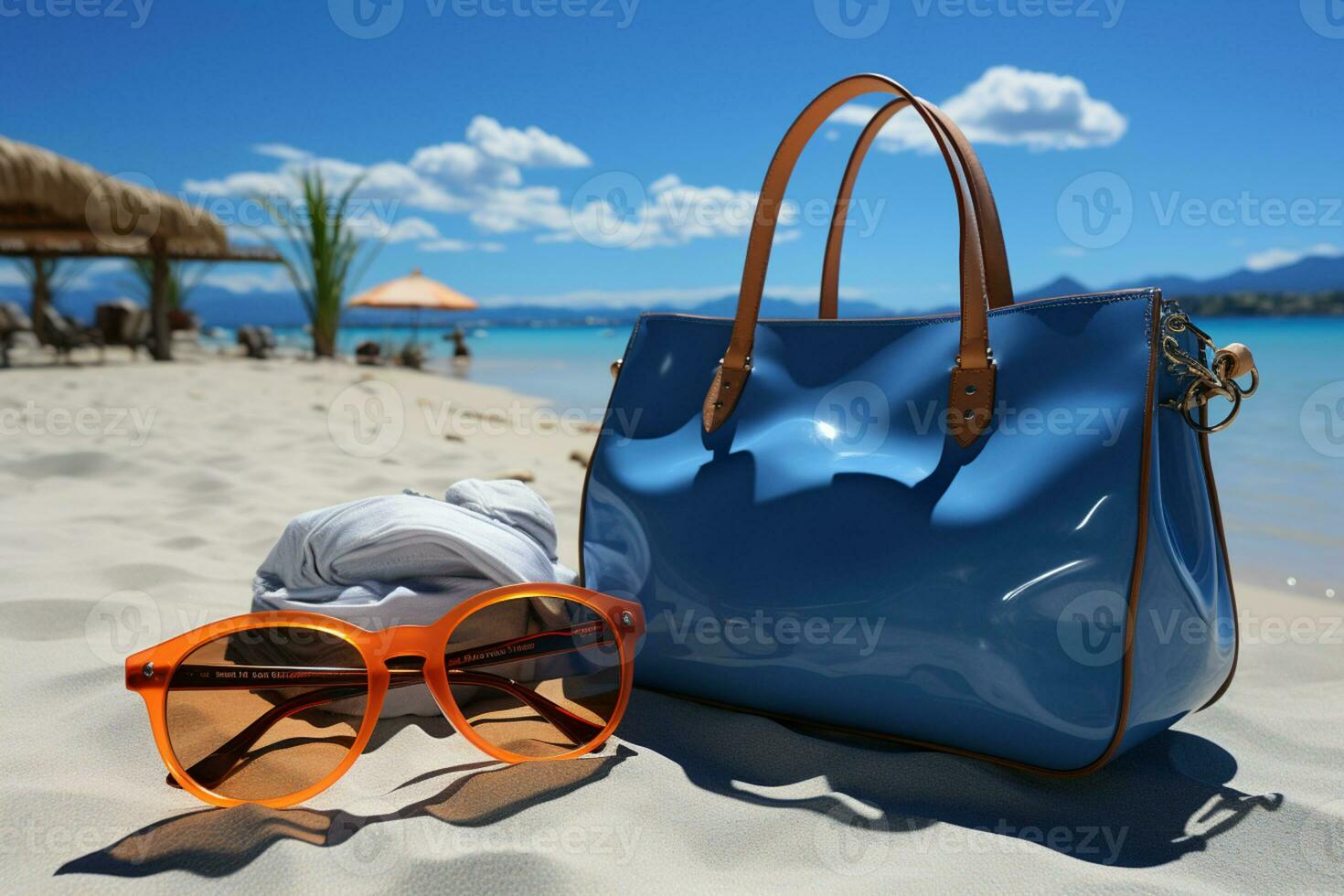 Coastal getaway, blue backdrop features beach bag, sunglasses, towel, and sunscreen  AI Generated photo