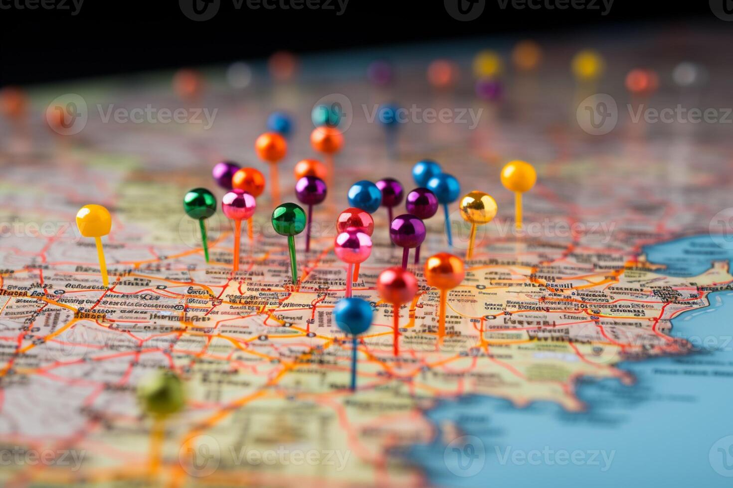 Vibrant pushpins mark various planned destinations on a colorful and detailed map AI Generated photo