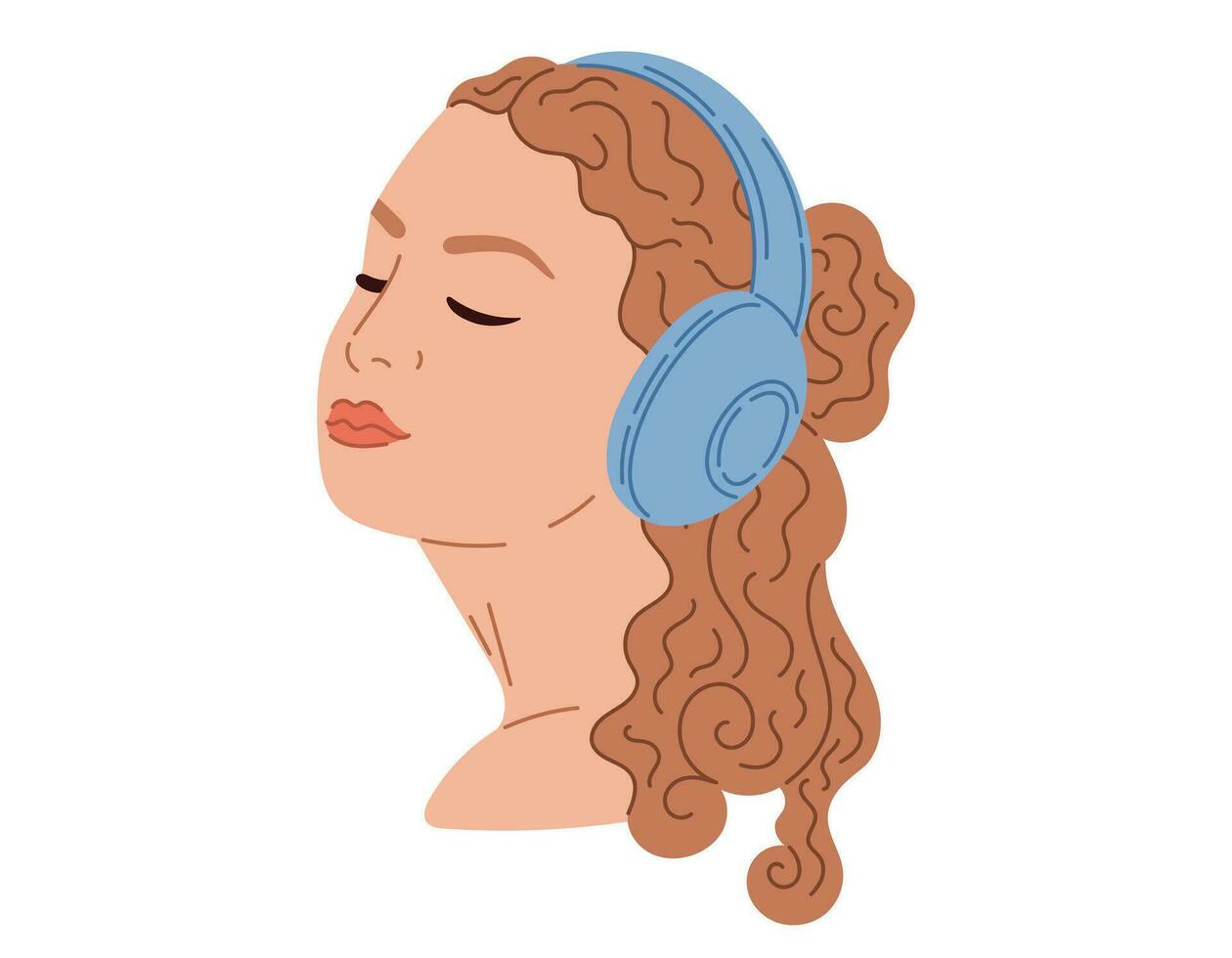 Head of a woman wearing headphones. Portrait of a young beautiful girl listening to music. Vector isolated flat human illustration.