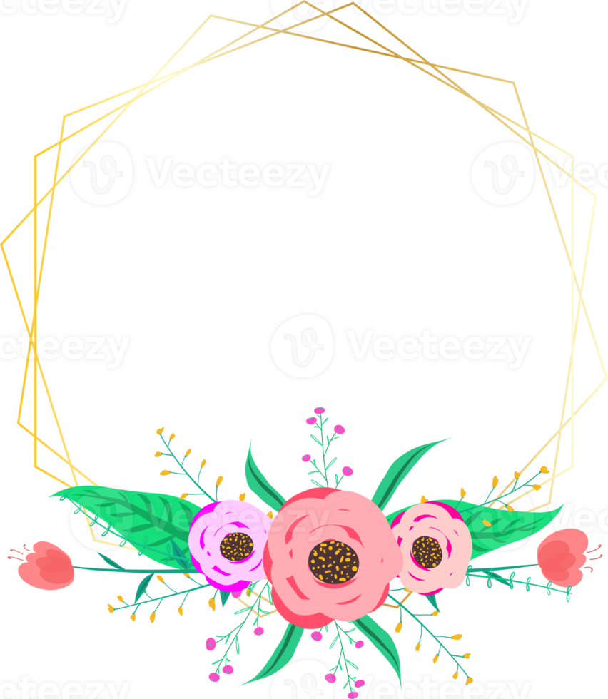 Golden geometric wreath frame with floral. png