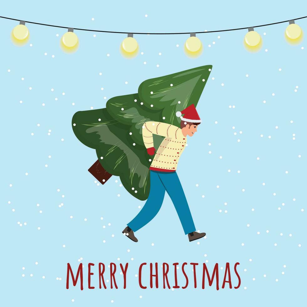 Vector illustration of a man wearing Santa Claus cap and carrying a Christmas tree on his back