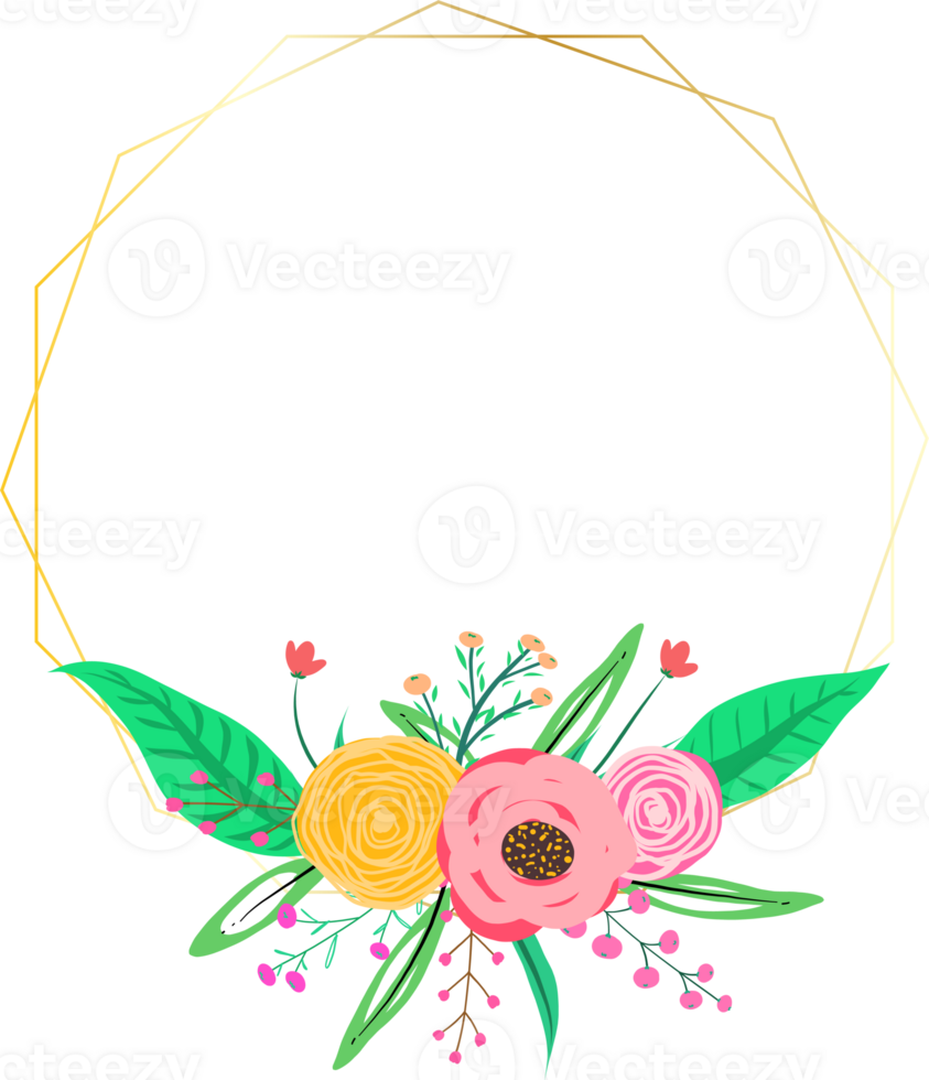 Golden geometric wreath frame with floral. png