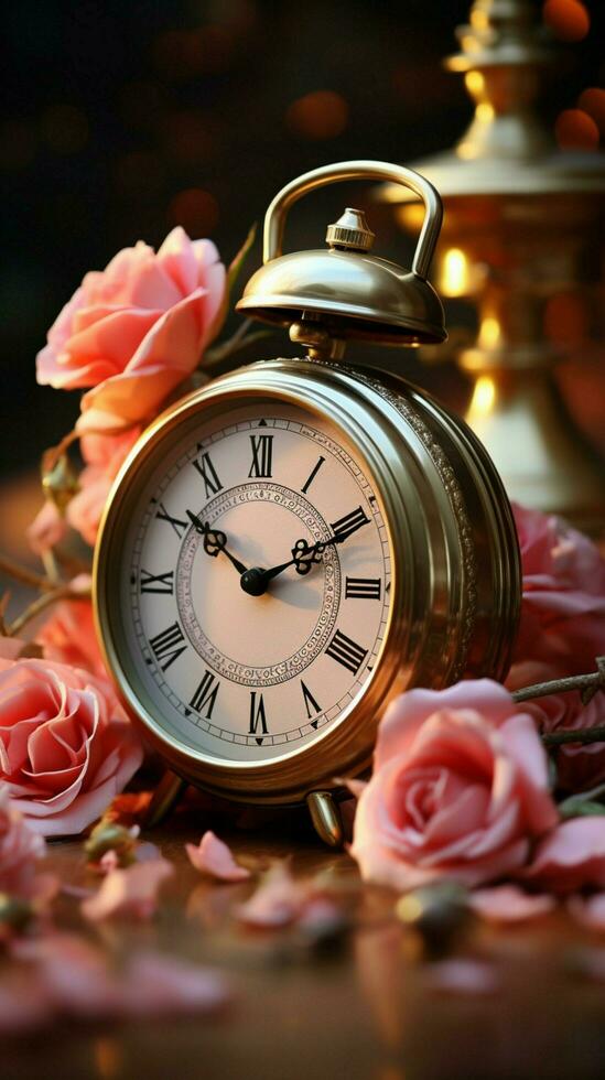 alarma reloj y un Clásico Rosa flor antecedentes crear un cautivador escena vertical móvil fondo de pantalla ai generado foto