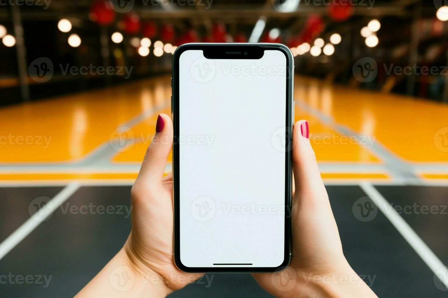 Overhead view of a young woman displaying a blank screen on her phone AI Generated photo