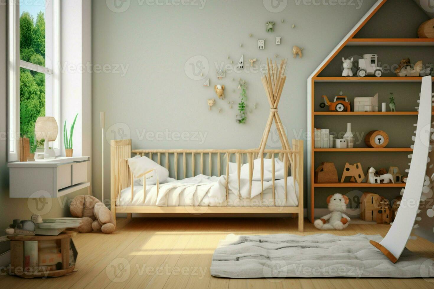 Scandinavian-inspired kids bedroom, highlighting a chic crib and clean interior aesthetics AI Generated photo
