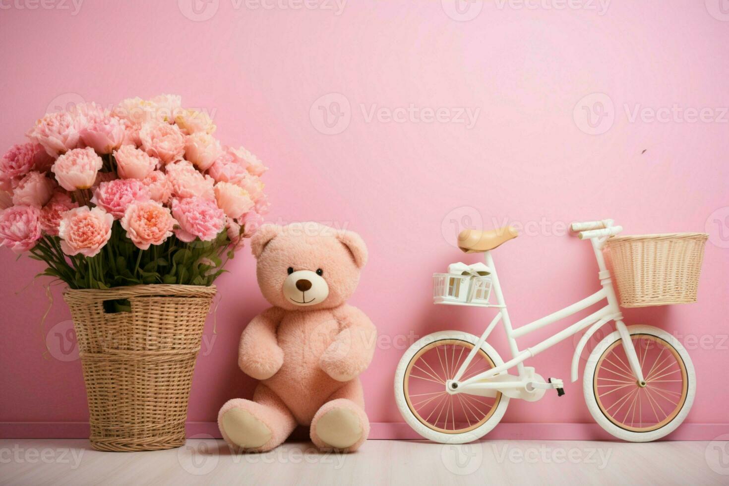 A wooden chair with a teddy bear and a white bicycle against pink walls AI Generated photo