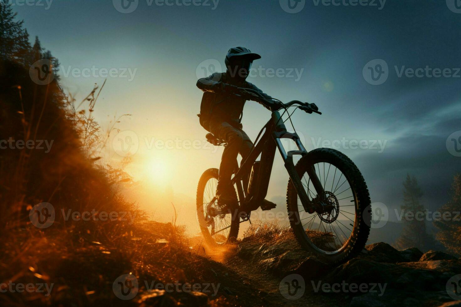 montando un bicicleta a facilidad, abrazando el belleza de el noche cielo ai generado foto