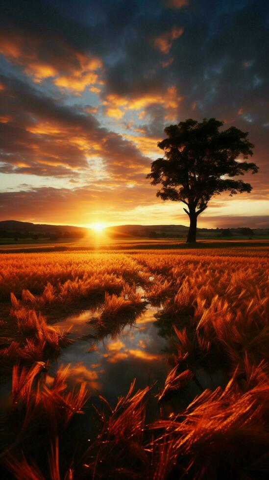 un dorado amanecer se baña el sereno campo en calentar ligero. vertical móvil fondo de pantalla ai generado foto