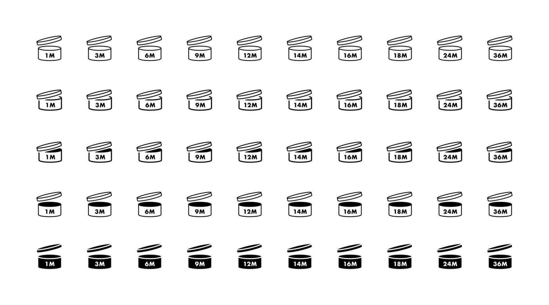 Extensive definitive set of PAO cosmetics icons. Period after opening symbol. Vector illustration.
