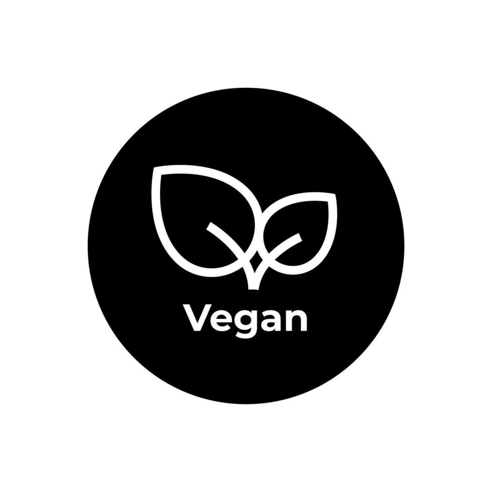 Vegan diet icon. Organic, bio, ecological symbol. Healthy, fresh and non-violent food. Vector black circular illustration with leaves for labels, tags and logos