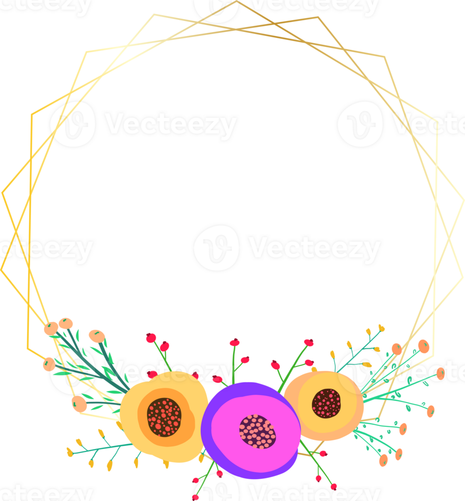 Golden geometric wreath frame with floral. png