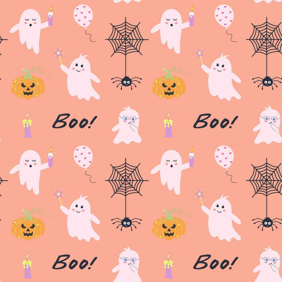 Cute pink halloween ghost seamless pattern. Ghosts, pumpkin, spider on web, boo, balloon and candle on pastel background. vector