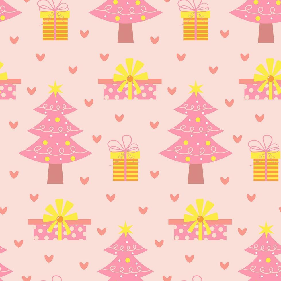rosado Navidad árbol y regalos sin costura modelo. linda pastel Navidad arboles con presenta invierno Días festivos glamour decorativo envase papel. vector