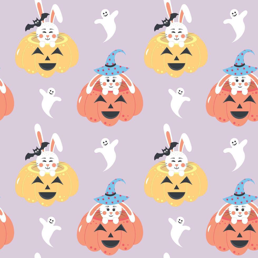 Cute bunnies sitting in pumpkins and ghosts seamless pattern. Pastel halloween print on fabric and paper. vector