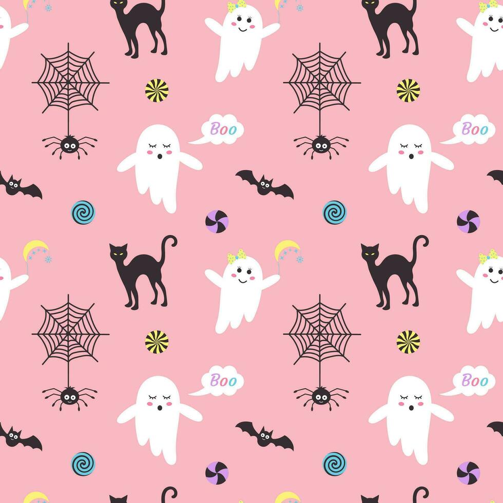 Cute pink halloween ghosts seamless pattern. Pastel print with spooky spirits, spider on web, candies, black cat and bat. vector