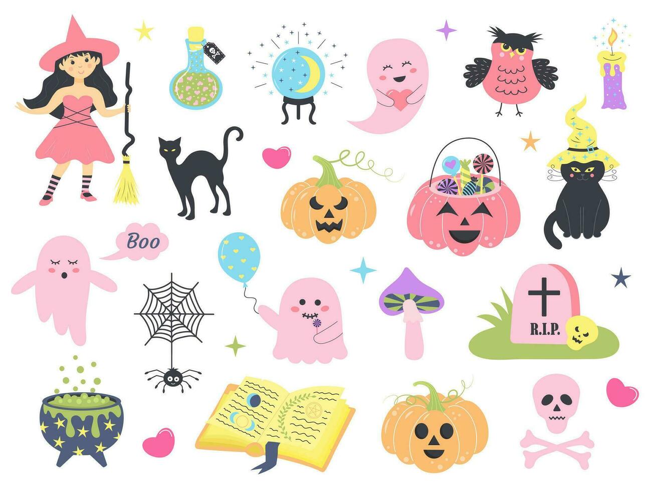 Cute pink Halloween set. Magic characters for kids. Happy Halloween pastel stickers. Little pink ghosts, pretty witch, cat, owl, skull, spooky pumpkins, spider and other. vector