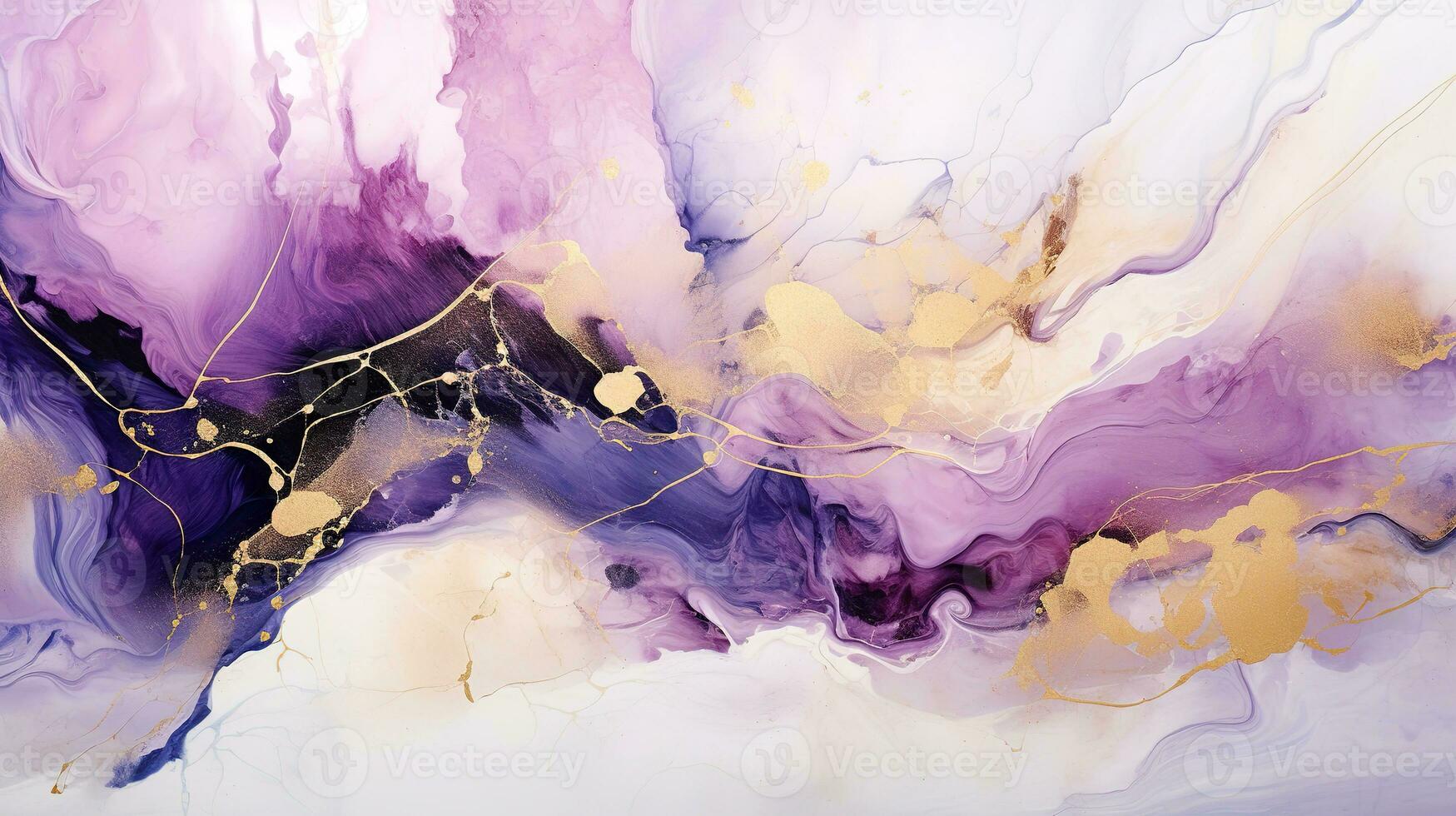 Natural Abstract marble ink paint background with golden splashes. Luxurious abstract art painting in spirit ink technique, mixture of blue and violet paints. photo
